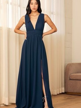 Lulus Navy V-Neck Evening Gown, Sleeveless with Front Slit, size medium